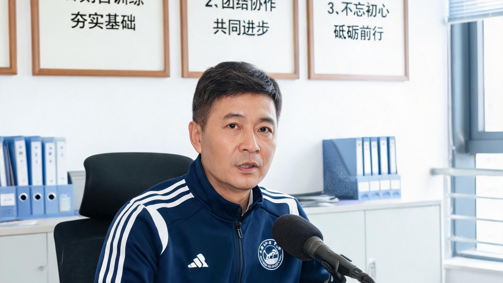青训教练在办公室接受访谈，背景墙上挂着训练理念标语
