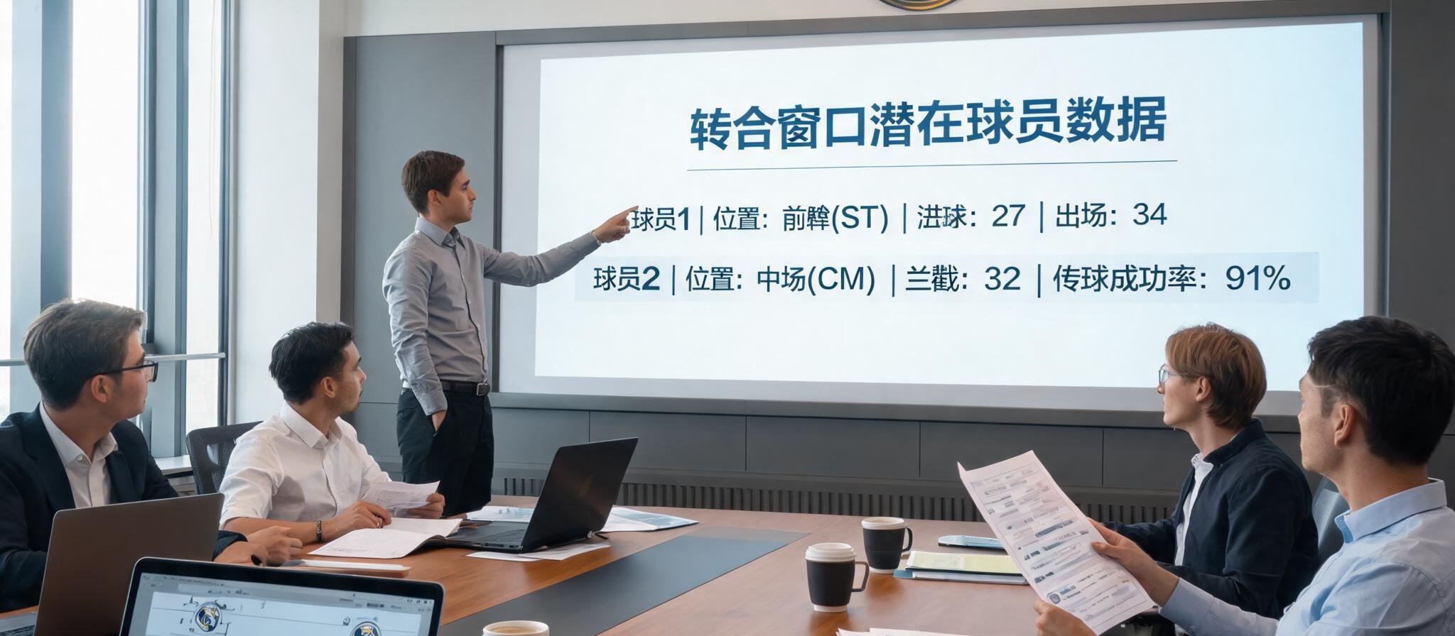 俱乐部会议室中分析师正在讨论转会窗口潜在球员数据报告