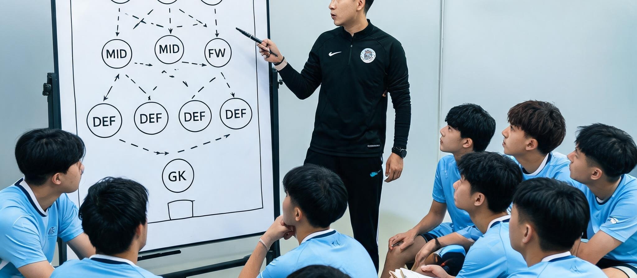 教练在白板上绘制阵型图，周围围坐着认真学习的年轻球员